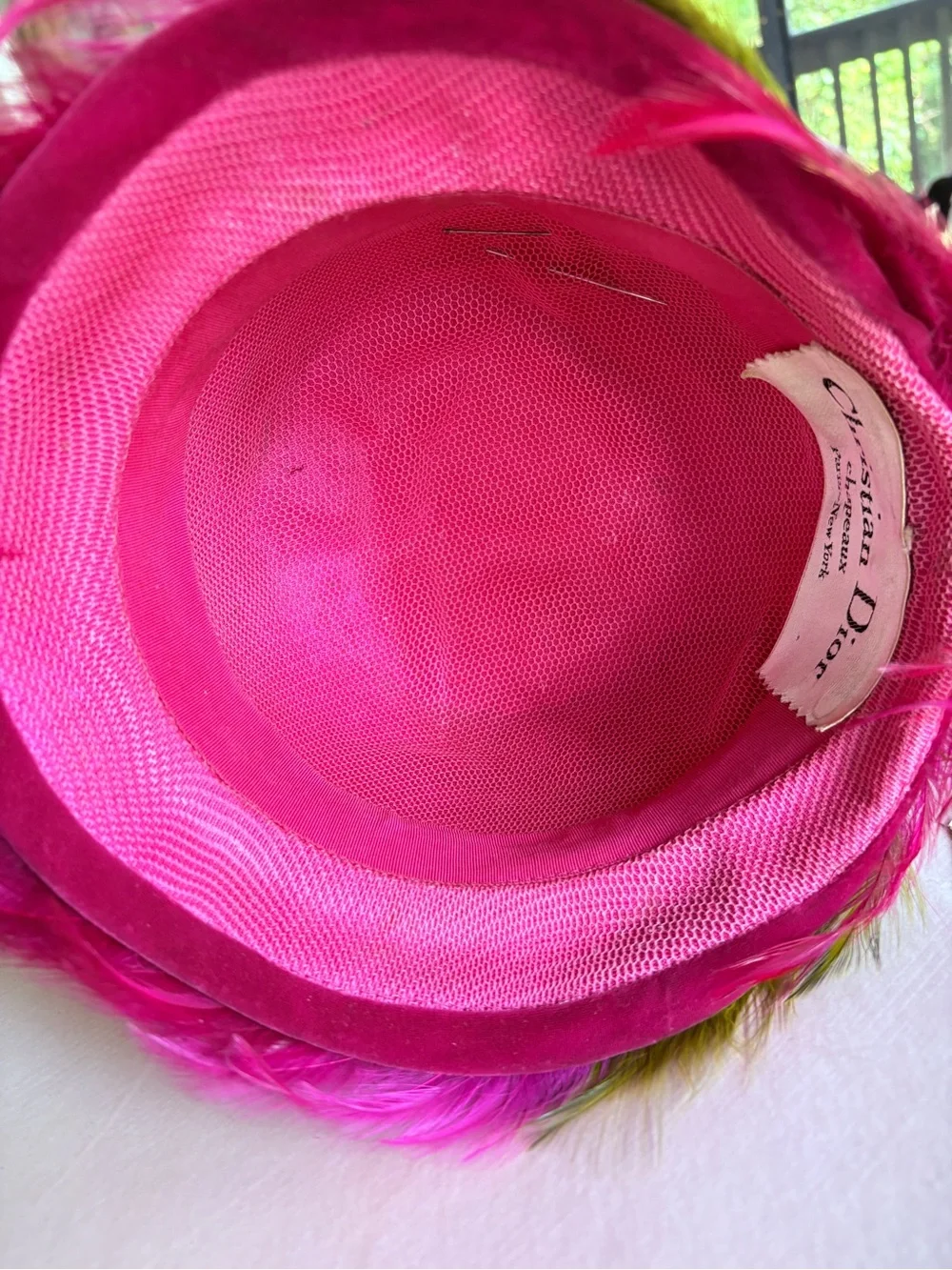 1960’s Vintage Christian Dior Paris-New York Fuchsia & Olive Feather Hat